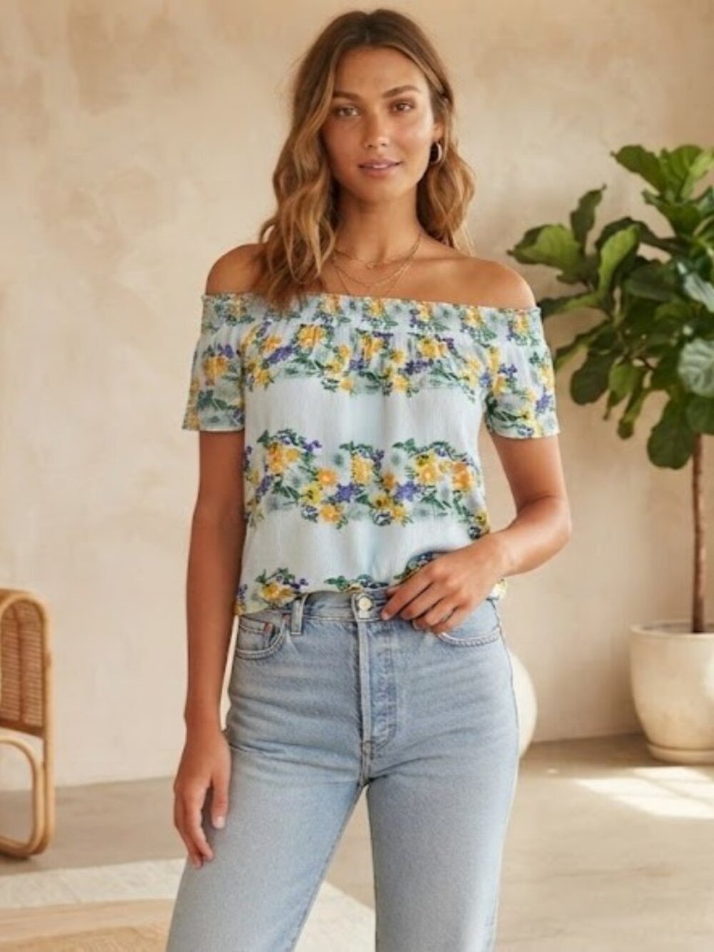 White Off-Shoulder Floral Blouse with Yellow & Blue Flowers